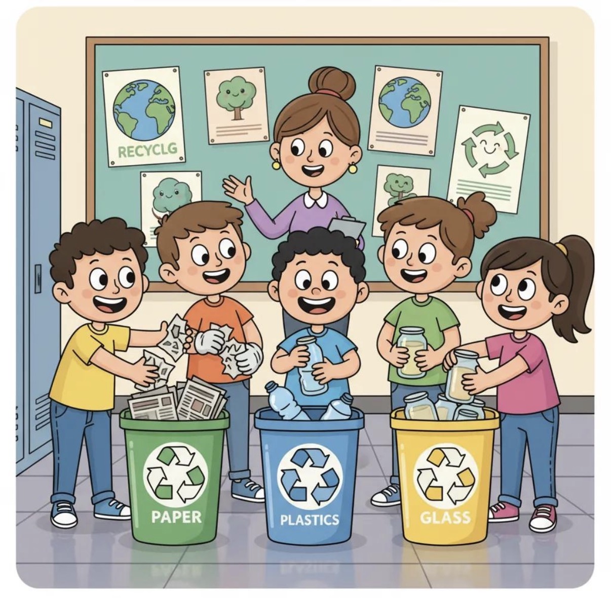 Teacher guiding recycling safely